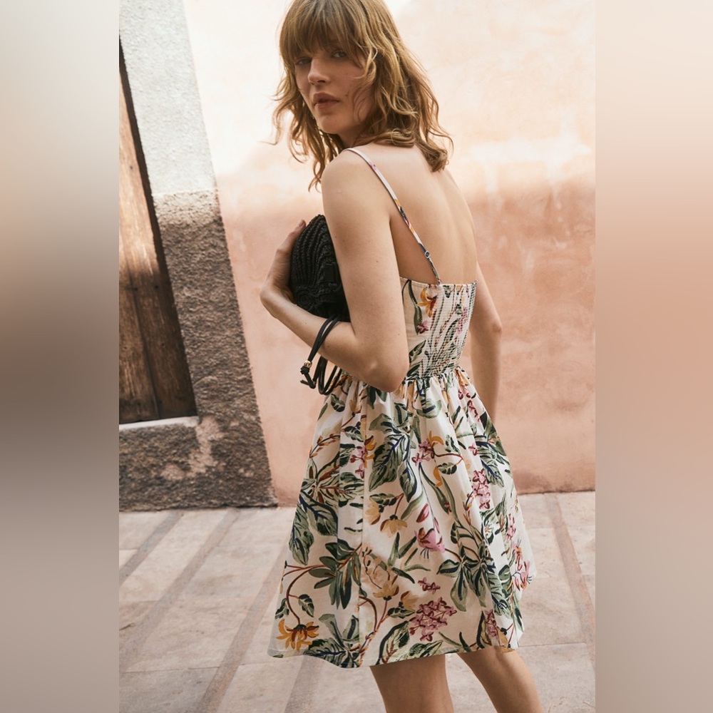 NWOT H&M Flared Skirt Cotton Mini Dress Floral Multicolor print XS spring summer